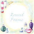 Watercolor frame of cosmetics and perfumes bottles