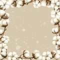 Watercolor frame Cotton flower on the beige background with splashes. Aquarelle wild flower for background, texture