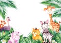 Watercolor frame with cute african cartoon animals.