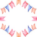 Watercolor frame with different vintage flags garlands, hand drawn illustration of blue, pink, orange flags isolated on Royalty Free Stock Photo