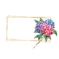 Watercolor frame with floral bouquet. Hand drawn label with hydrangea, leaves and branches isolated on white background