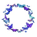 Watercolor frame with the image of transparent butterflies in blue and violet colors on a white background Royalty Free Stock Photo