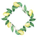 Watercolor frame invitation of lemons and green branches, leaves. Rhombus frame isolated on a white background Royalty Free Stock Photo