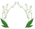 Watercolor semicircular frame of flowers and leaves of lily of the valley