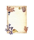Watercolor frame with marine life, shells, starfish, corals on the background of aged paper. Royalty Free Stock Photo