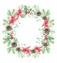 Watercolor frame New Years, Christmas branches poinsettia, holly with berries, mistletoe, spruce