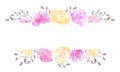 Watercolor frame of pink and yellow roses flowers isolated on white background. Floral ornament Royalty Free Stock Photo