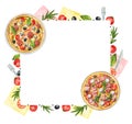 Watercolor frame with pizzas, napkins, vegetables and tableware