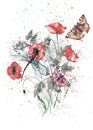 Watercolor Frame of poppy, branch. drawing plant. Card with  poppy flowers. Garden flowers. wreath of wildflowers. Thickets of gra Royalty Free Stock Photo