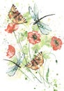 Watercolor Frame of poppy, branch. drawing plant. Card with  poppy flowers. Garden flowers. wreath of wildflowers. Thickets of gra Royalty Free Stock Photo