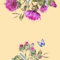 Watercolor frame with purple thistle, blue butterflies, wild flowers illustration, meadow herbs Royalty Free Stock Photo