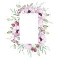 Watercolor frame rectangular of pink anemones