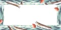 Watercolor frame red buoys and boats at sea Hand painted illustration on white background