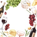Watercolor frame red wine and cheese. Hand draw background with food objects. White wine bottle and glass, red grapes Royalty Free Stock Photo