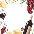 Watercolor frame red wine and cheese. Hand draw background with food objects. White wine bottle and glass, red grapes Royalty Free Stock Photo