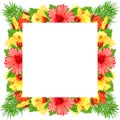 Watercolor frame with red and yellow hibiscus flowers. Hand drawn floral border with tropical flowers and leaves. Wedding Royalty Free Stock Photo