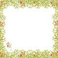 Watercolor frame square of thin branches with green leaves and tender light peach orange flowers with petals beautiful isolated on