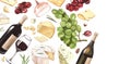 Watercolor frame wine and cheese. Hand draw background with food objects. White wine bottle and glass, red grapes Royalty Free Stock Photo