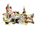 Watercolor freehand sketch drawing of Prague Czech Republic top