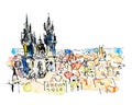 Watercolor freehand sketch drawing of Prague Czech Republic top