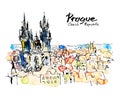 Watercolor freehand sketch drawing of Prague Czech Republic top