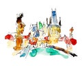 Watercolor freehand sketch drawing of Prague Czech Republic top