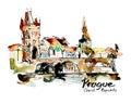 Watercolor freehand sketch drawing of Prague Czech Republic top