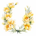 Watercolor Freesia Frame With Yellow Flowers And Leaves