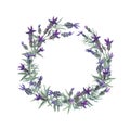 Watercolor french lavender round wreath. Cute hand drawn floral wedding invitation or greeting card template.