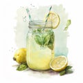 Fresh citrus lemonade in mason jar with mint leaf and fruit slice. Juice beverage for Lemonade Day, Lemon Juice Day. Generative AI