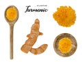 Watercolor fresh and dry orange turmeric in wooden bowl and spoon. Kitchen spices and herbs set