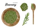 Watercolor fresh and dry rosemary in wooden bowl and spoon. Kitchen spices and herbs set Royalty Free Stock Photo