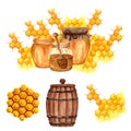 Watercolor fresh honey set with honeycombs, honey dipper, glass jar with honey. Hand drawn organic natural illustration