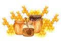 Watercolor fresh honey set with honeycombs, honey dipper, glass jar with honey. Hand drawn organic natural illustration