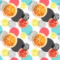 Watercolor fresh orange, grapefruit and colorful circles seamless pattern. Royalty Free Stock Photo