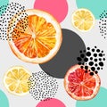 Watercolor fresh orange, grapefruit and colorful circles seamless pattern.