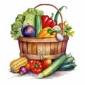 Watercolor Organic Vegetables In Basket Illustration