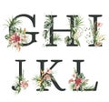 Watercolor frolal alphabet set of black G, H, I, J, K, L with wild flowers. Hand painted floral symbols isolated on white