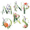 Watercolor frolal alphabet set of M, N, P, O, R, S with wild flowers. Hand painted floral symbols isolated on white