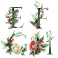 Watercolor frolal letters set of E, F, G, H with rose flowers. Hand painted alphabet symbols of plants isolated on white