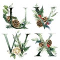 Watercolor frolal letters set of U, V, W, X with rose flowers. Hand painted alphabet symbols of plants isolated on white