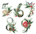 Watercolor frolal numbers set of 5, 6, 7, 8, 9 with rose flowers. Hand painted alphabet symbols of plants isolated on