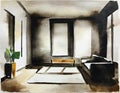 Watercolor of Front view of dimly lit living room with an unoccupied