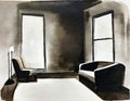 Watercolor of Front view of dimly lit living room with an unoccupied