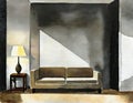 Watercolor of Front view of dimly lit living room with an unoccupied