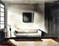 Watercolor of Front view of dimly lit living room with an unoccupied