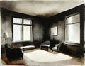 Watercolor of Front view of dimly lit living room with an unoccupied