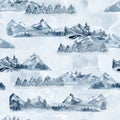 Watercolor frozen mountaine landcape seamless pattern with forest tree on snow texture background