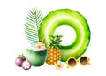 Watercolor fruit composition with fresh pineapple, mangosteens, sunglasses, palm leaves, green coconut with tube for Royalty Free Stock Photo