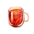 Watercolor fruit cup of hot orange tea with cinnamon, cranberries berries and spices. Hand-drawn illustration isolated Royalty Free Stock Photo